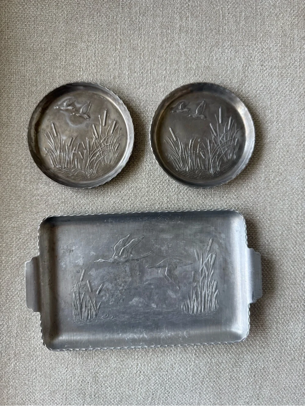 Vintage Aluminum Tray and Coaster Set with Flying Ducks Relief